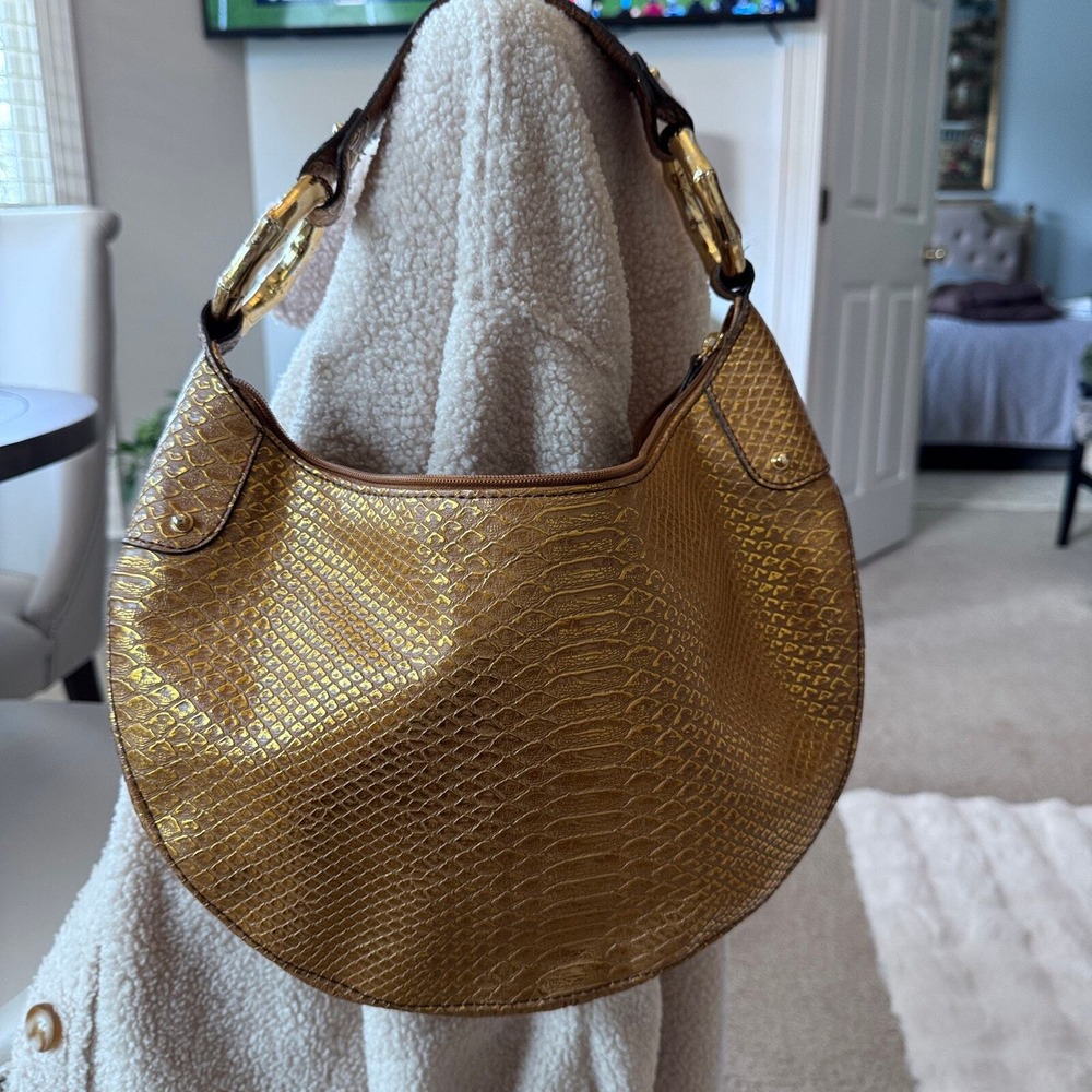 Gold Bamboo Ring Python Print Simulated Leather S… - image 1